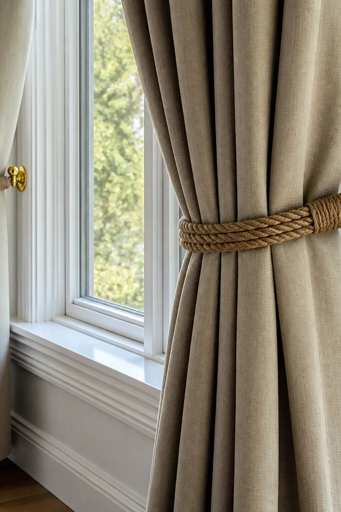 Beige rope curtain tiebacks with brass hooks on bay window