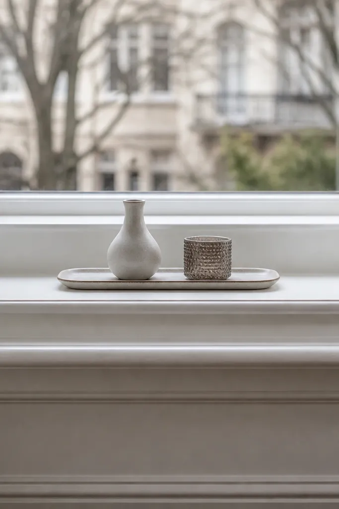 Painted wood sill with small tray, candle, and book centered