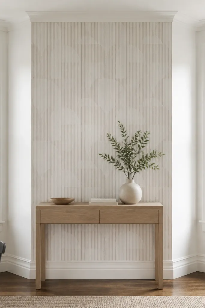 Removable wallpaper panel behind console under bay window