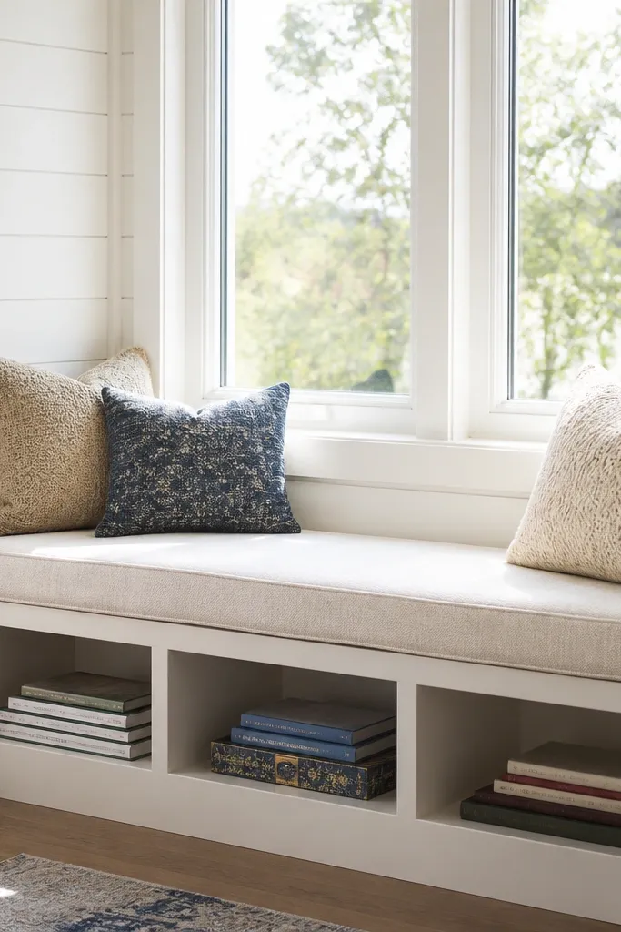 Shiplap panel behind a bay seat with angled cubbies and a removable cushion cover