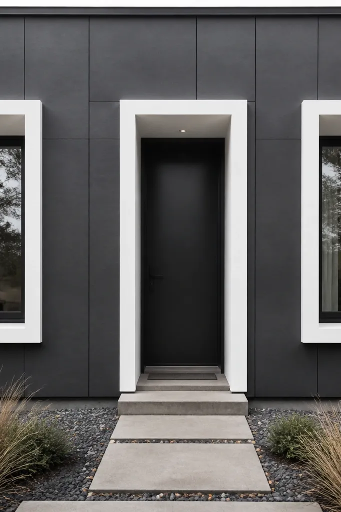 Charcoal facade panels with bright white trim around windows and door
