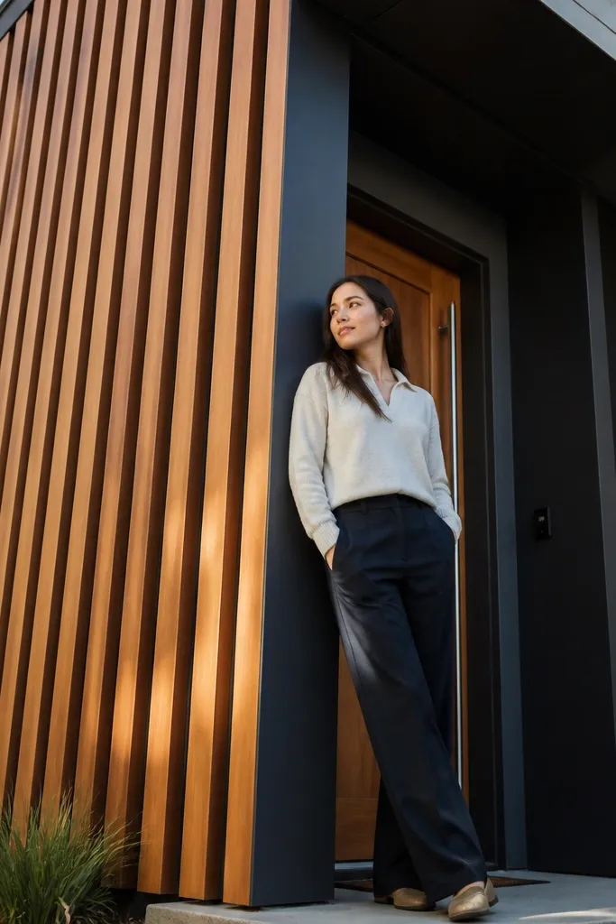 Vertical timber slats covering part of the facade with a dark framed door
