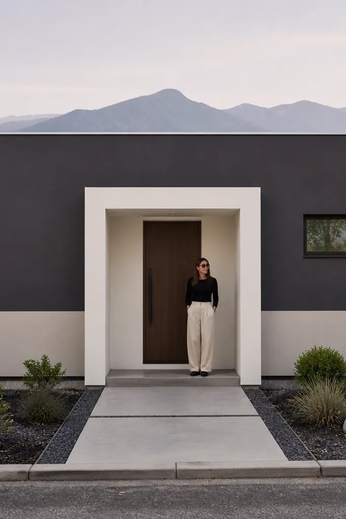 Light and dark horizontal bands with a bright front entry section