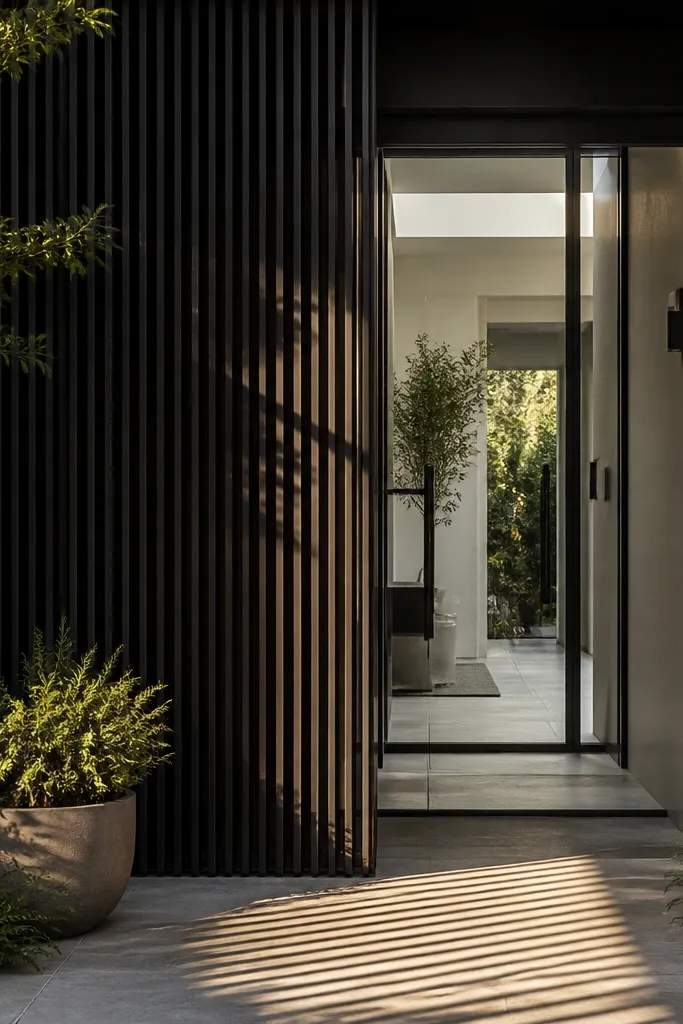 Black slatted side wall next to a modern glass front door