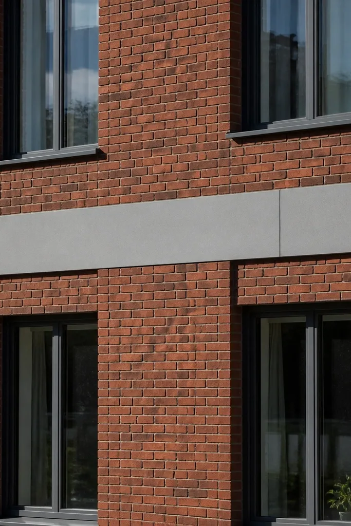 Brick veneer facade with a flat modern trim band across openings