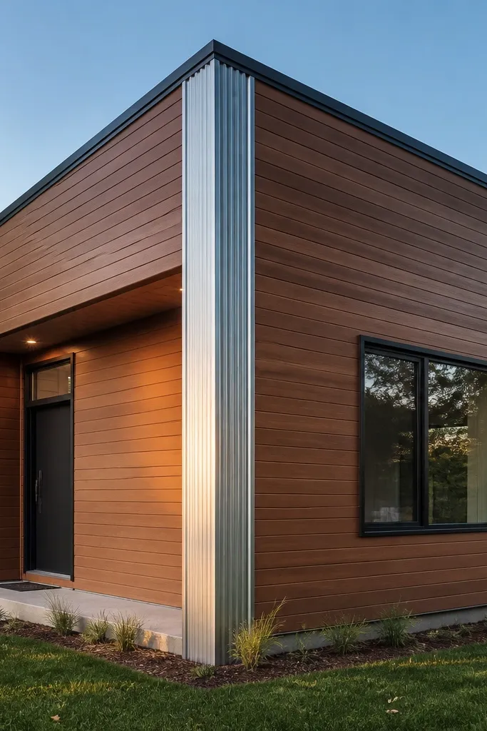 Cedar panels with slim vertical aluminum fins at the corners