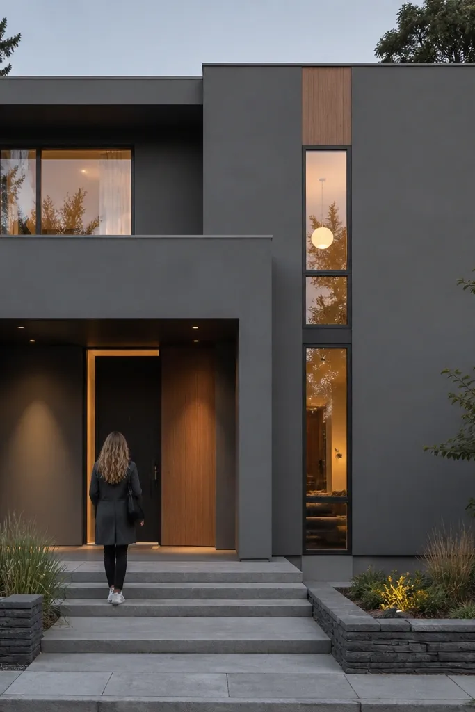 Gray facade with one warm wood stripe running beside the windows