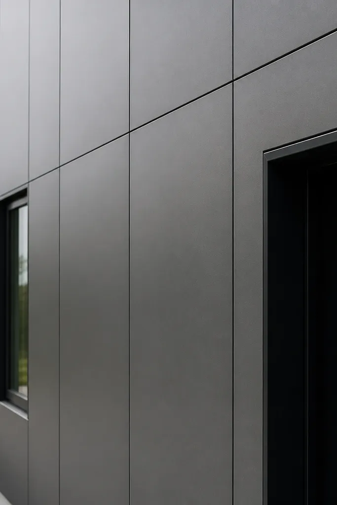 Flat metal facade panels with thin trim lines around windows