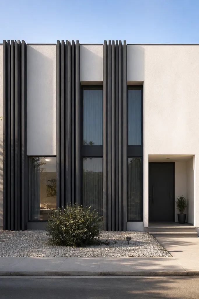 Light limewash colored facade with dark vertical fins framing windows