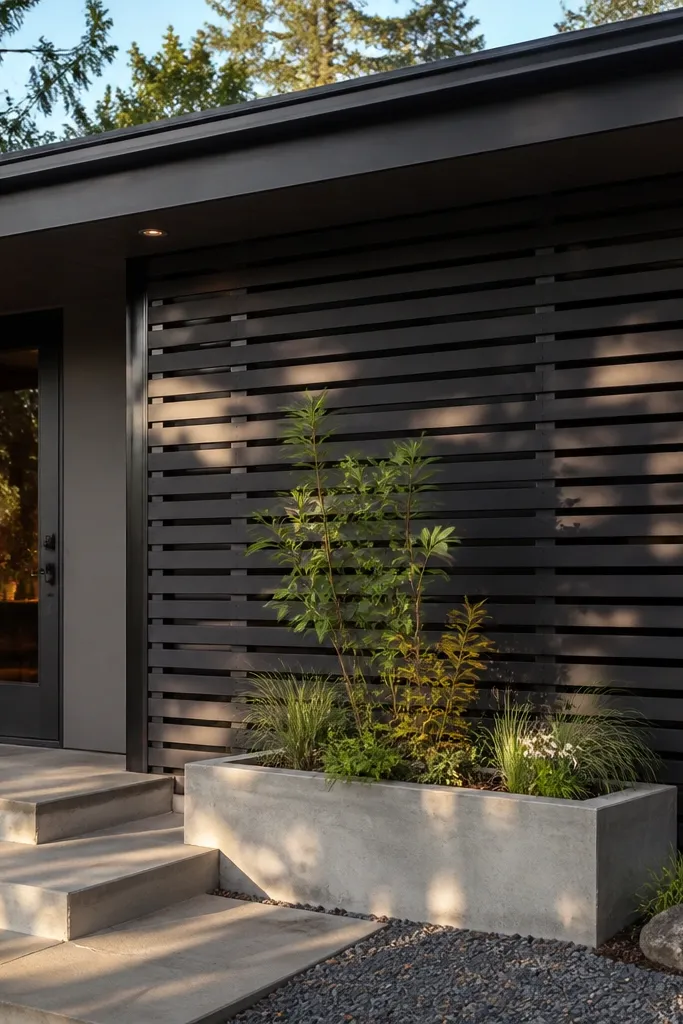 Horizontal slatted screen wall on a small porch with a slim soffit