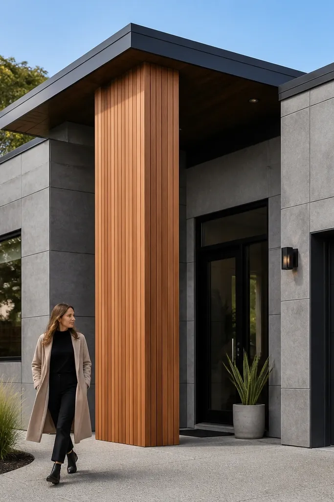 Concrete-look panels with a timber vertical screen column at the entry