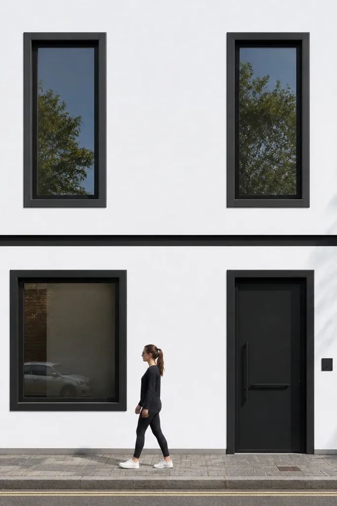 White facade with black frames around windows and a thin horizontal header strip