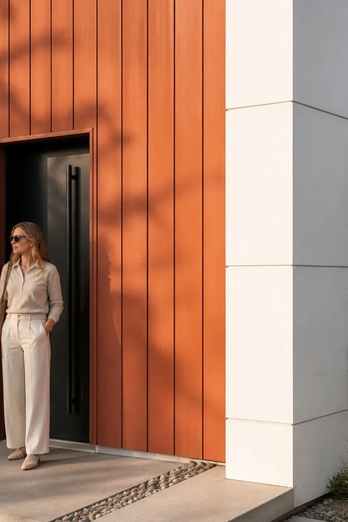 Terracotta board-and-batten facade with white corners and trim