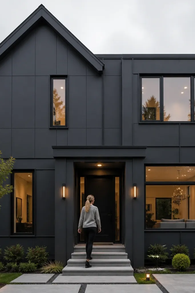 Charcoal facade with raised rectangular panels and shadow lines