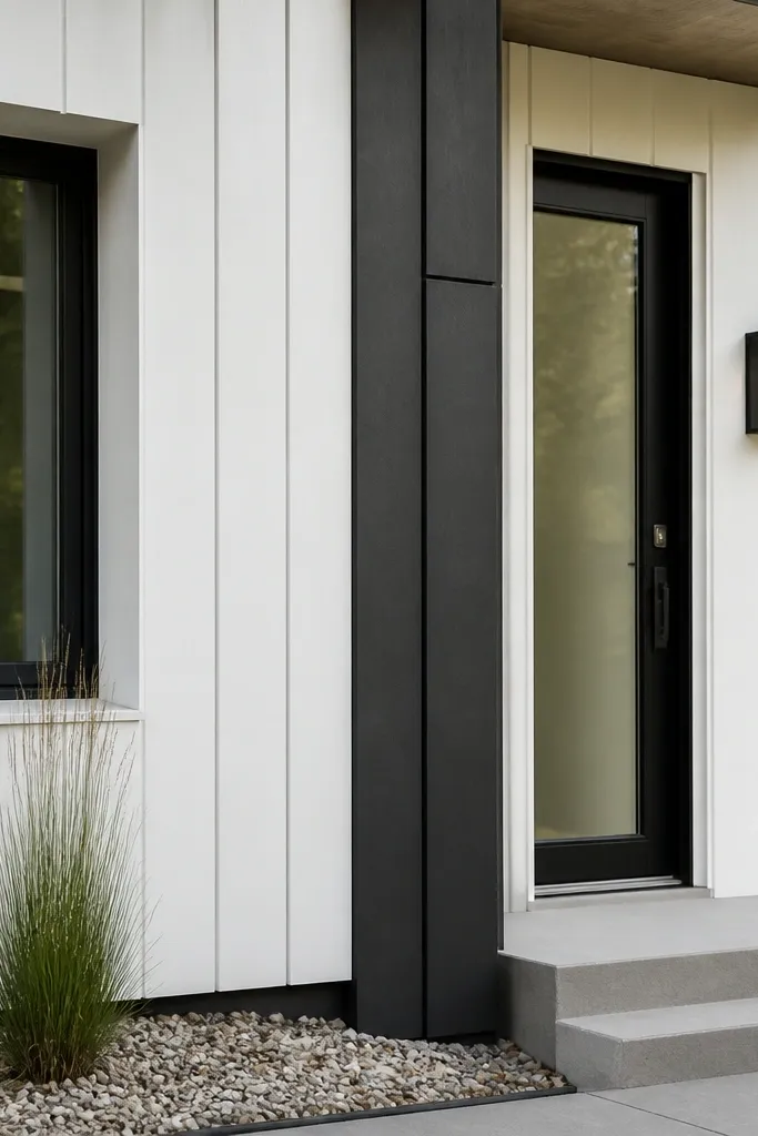 White cladding with one dark vertical column beside the door