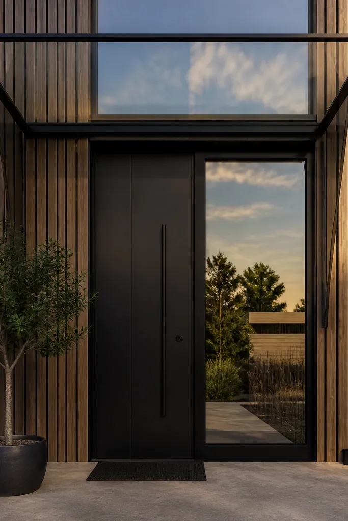 Modern entry canopy with glass panel and thin metal side fins