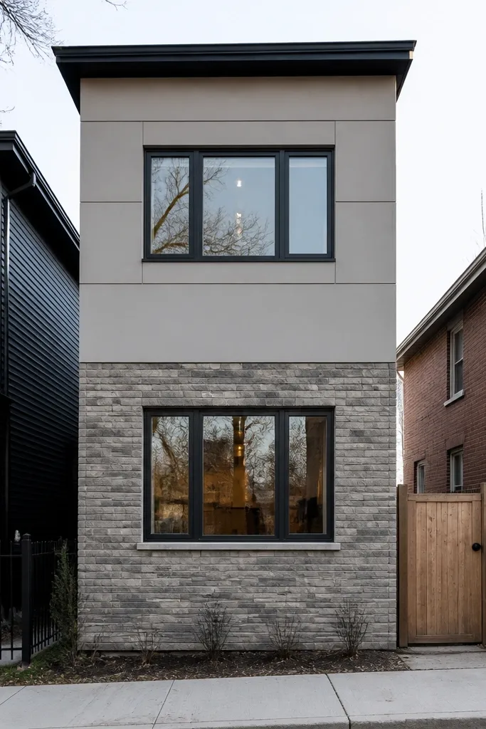 Stone veneer base with smooth modern cladding above