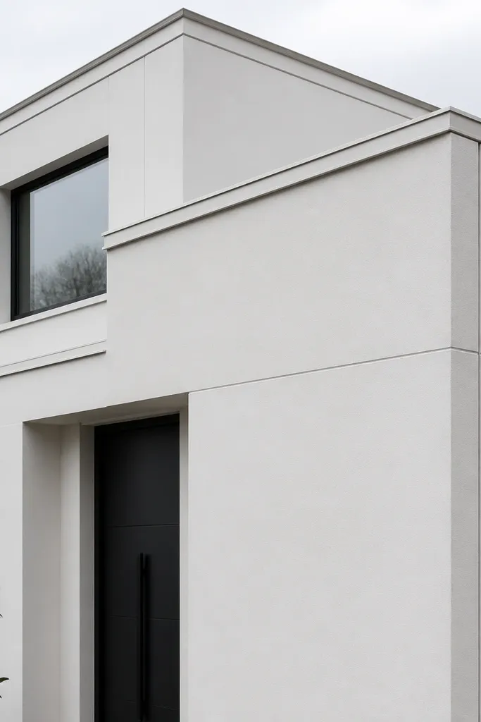 Matte white facade with clean gutter line and concealed downspout