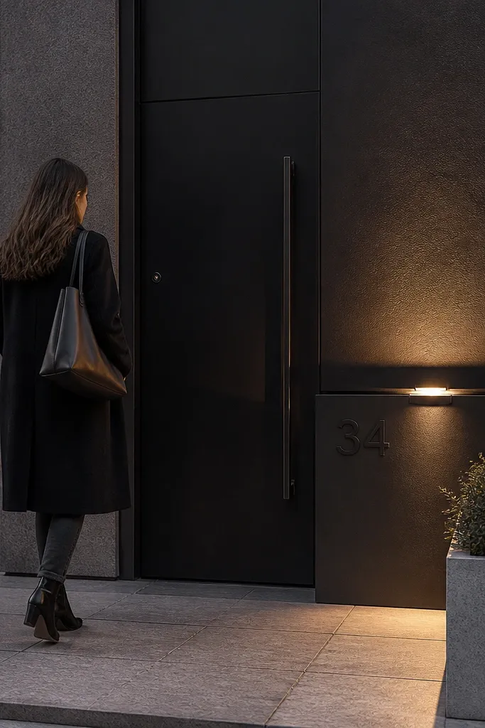 Dark entry wall panel with a built-in plinth for house numbers