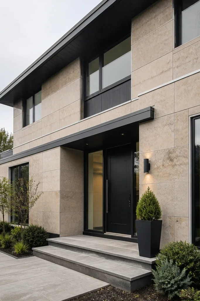 Stone-look porcelain facade panels framed with thin aluminum strips