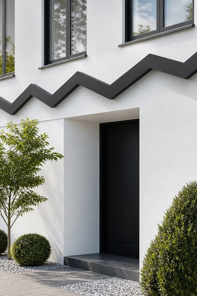 White facade with a zig-zag accent rail beneath windows