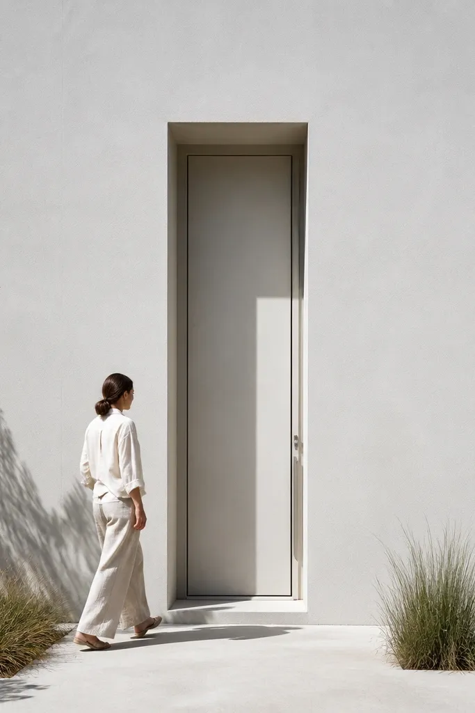 Single-color facade with a recessed vertical slot framing the door