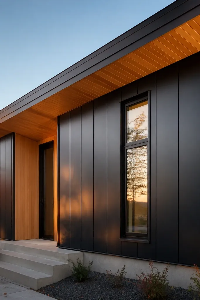 Matte charcoal facade with a warm wood soffit strip under the roofline