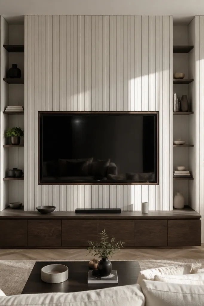 Centered TV between two tall wood columns and three open shelves above