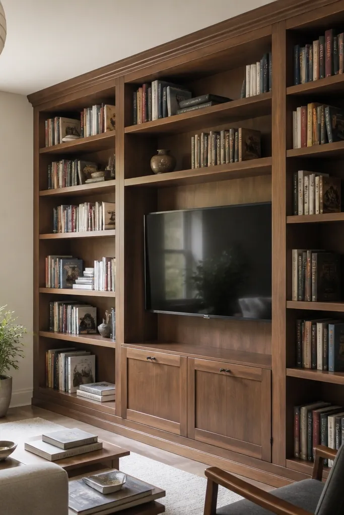 TV centered in a bookcase with adjustable shelves and small decor gaps