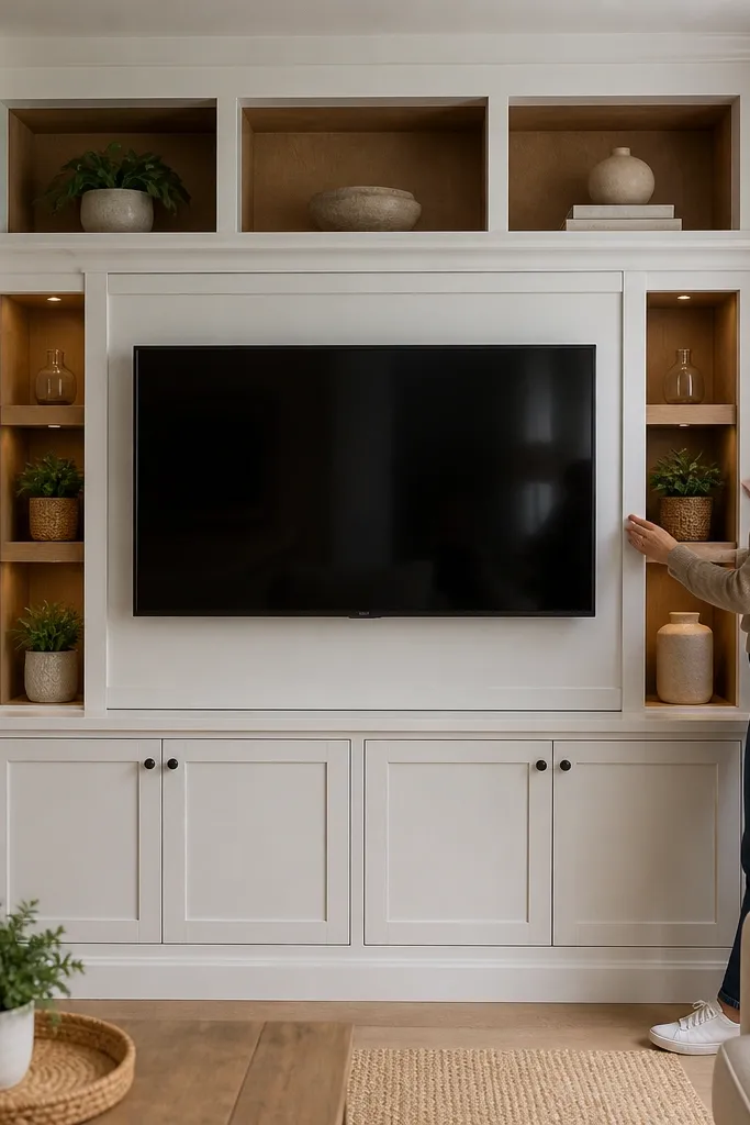 TV inside a shaker panel frame with a tidy vertical cable channel