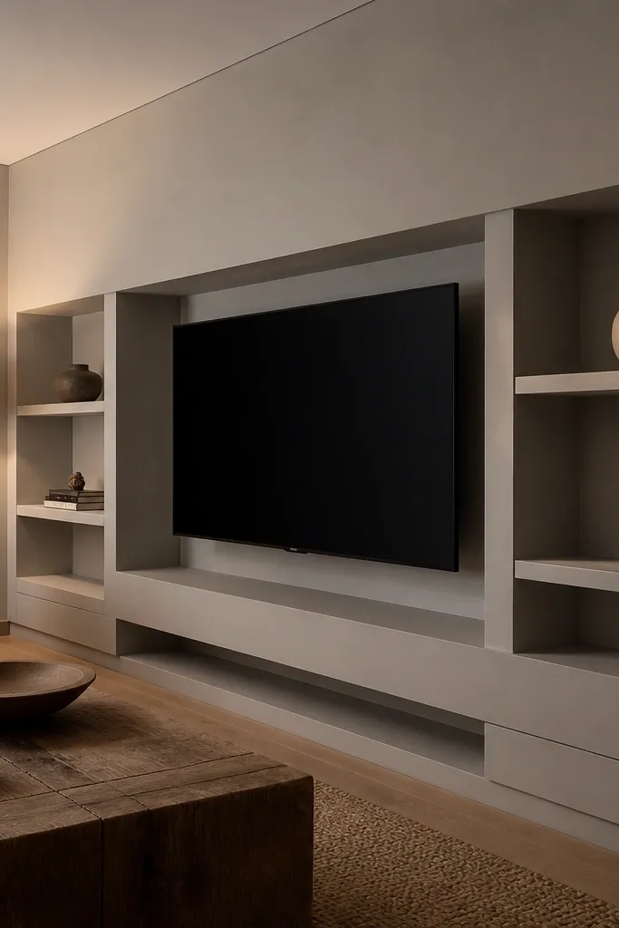 TV set back in a recessed niche with flush shelves aligned to the wall