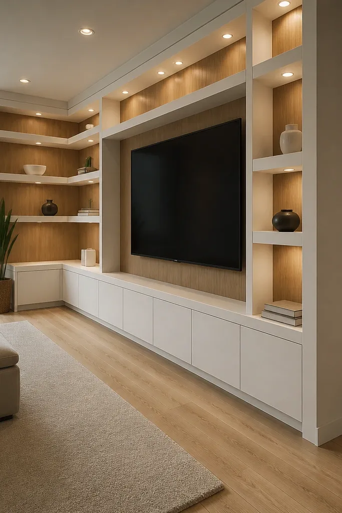L-shaped shelves wrapping around a corner with TV on the long wall
