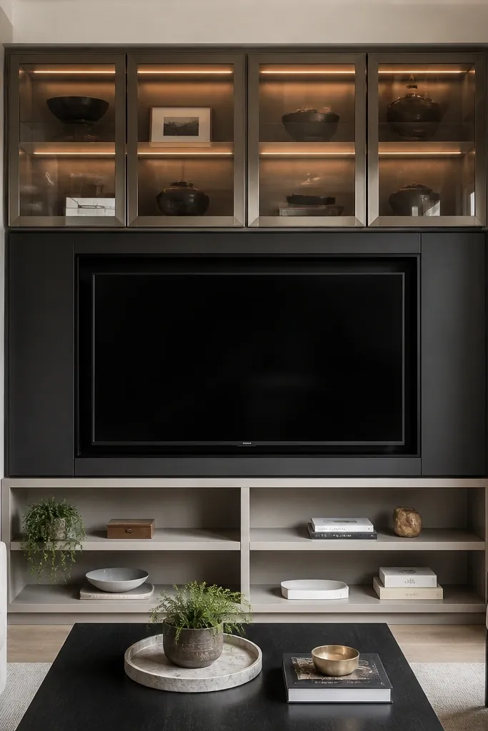 TV with open shelves below and glass-front cabinets above
