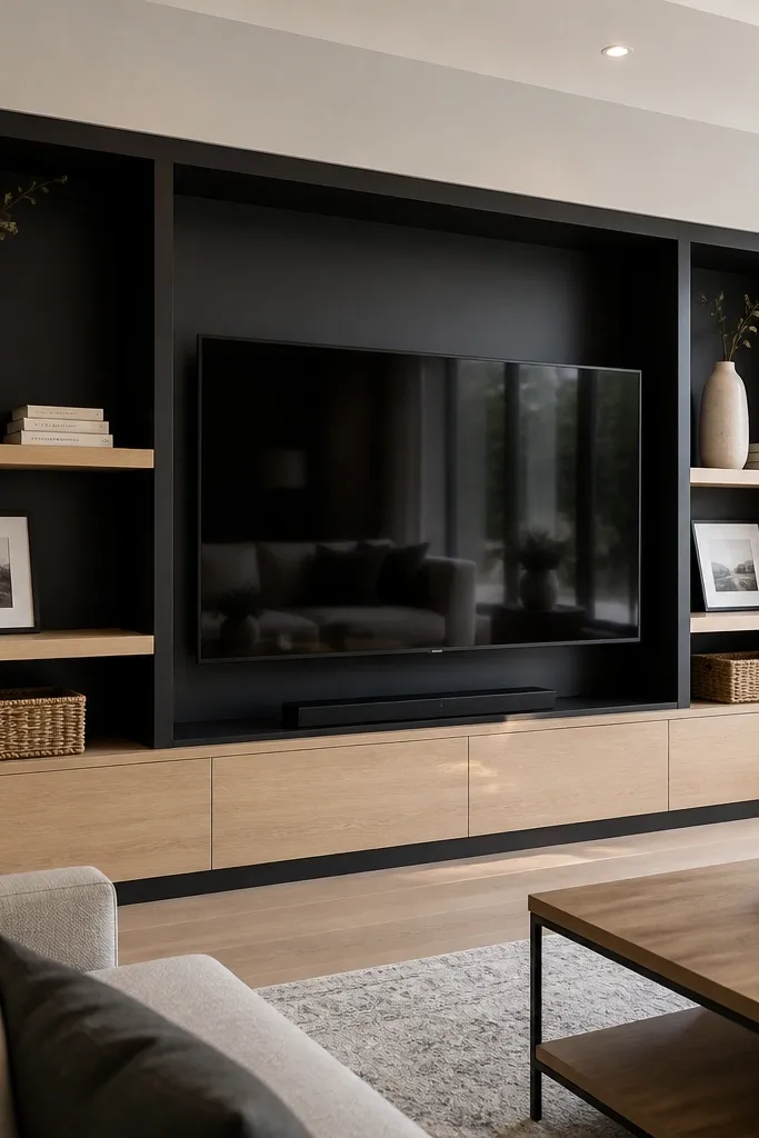 TV centered with two stacked shelf levels on both sides