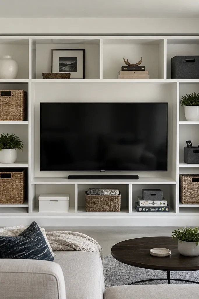 Grid of open cubbies around a centered TV with a clean trim border