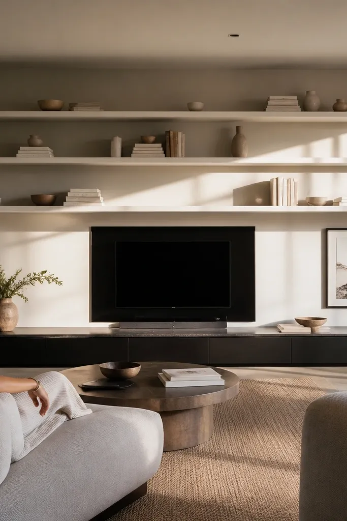 Long floating shelf run above a low TV media console