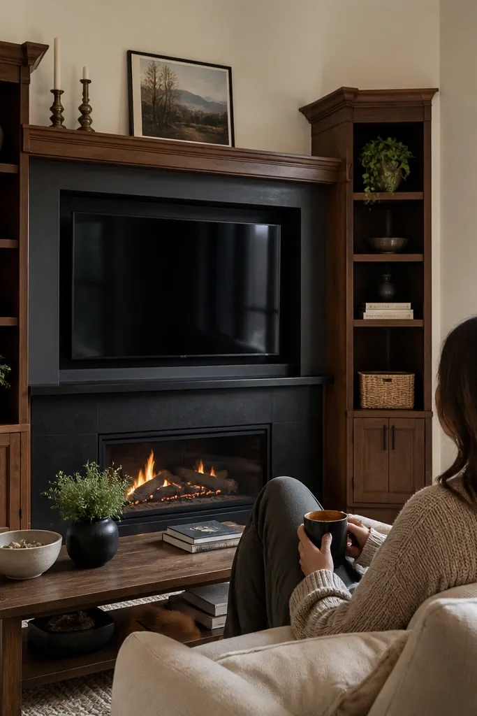 TV centered inside a mantel-like niche with side shelves