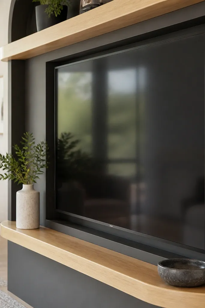TV in a flat frame with shelves that have rounded front edges