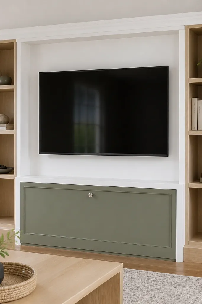 TV above a closed center cabinet, open shelves on both sides