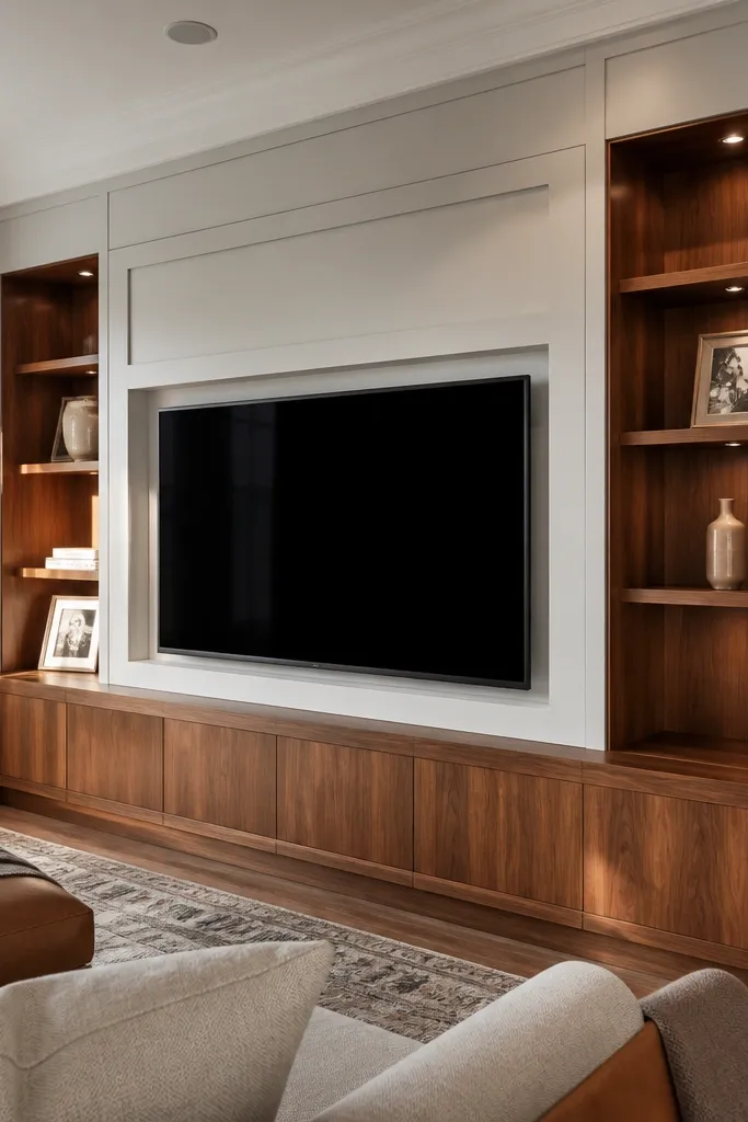White built-in frame with walnut veneer shelves around a centered TV
