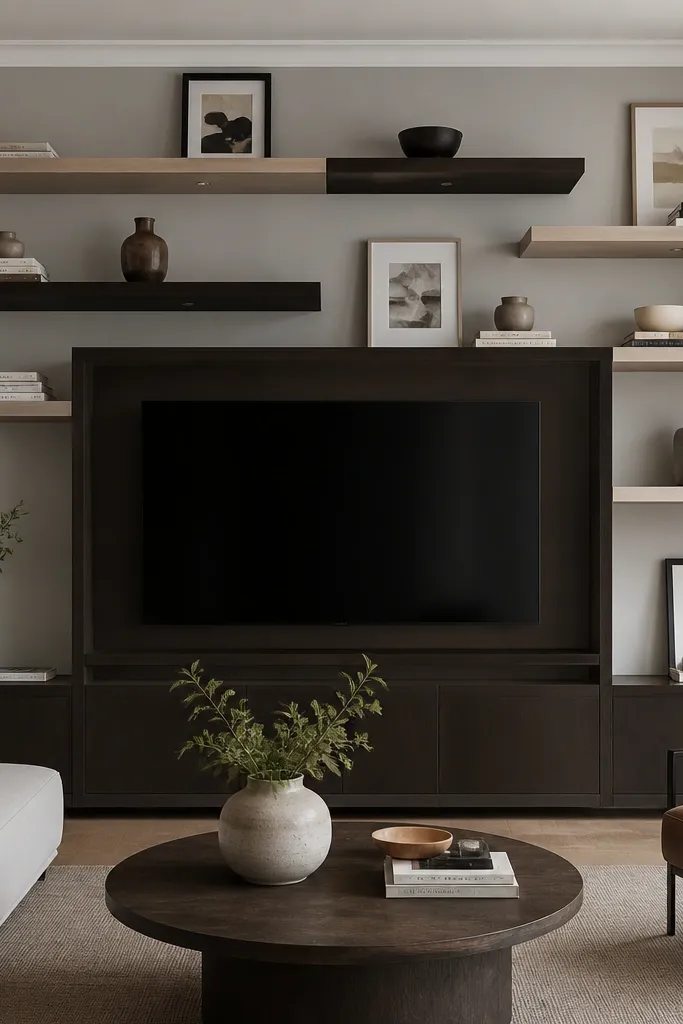 Dark TV surround with light shelves above and below in a split level layout