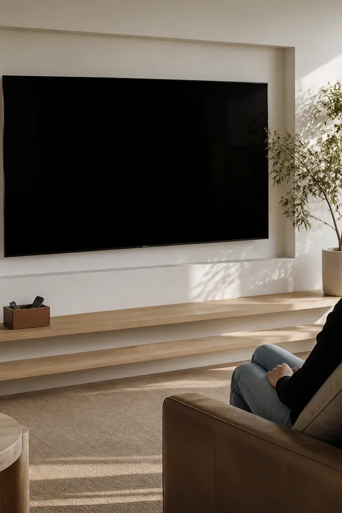 TV with slim shelf beams and minimal trim for a modern low-bulk look