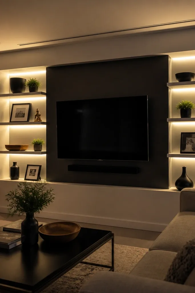 TV with shelves that have small recessed lights under the shelf lips