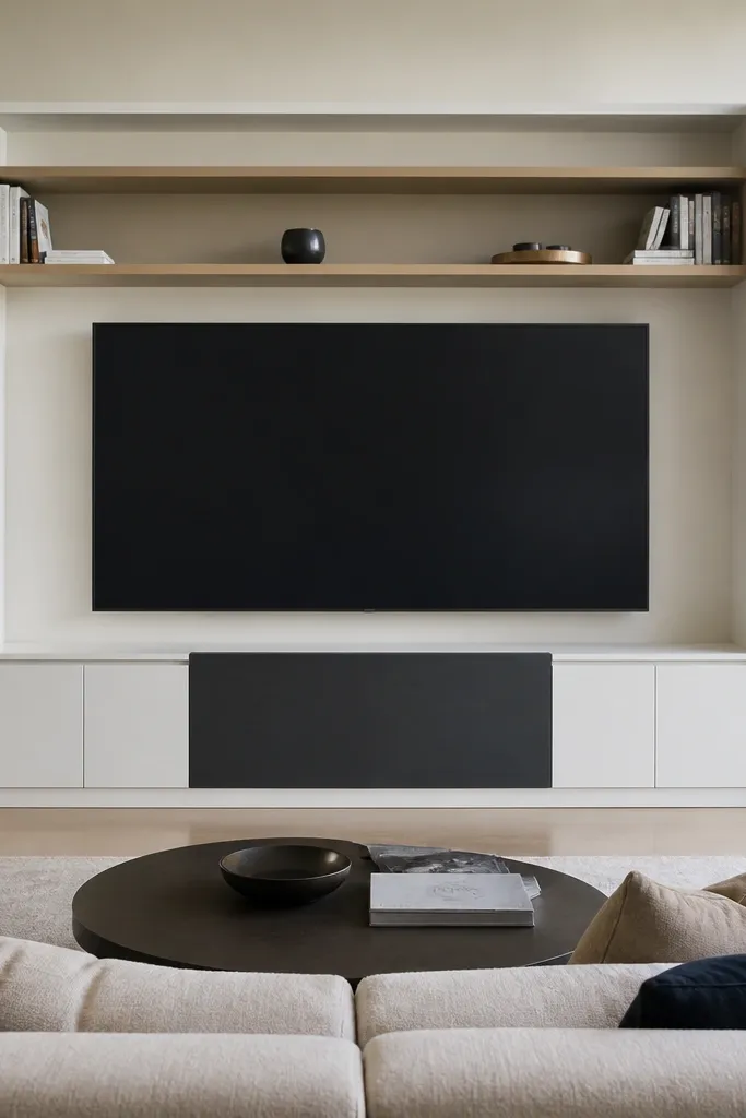 TV above base cabinets with a floating center door and open shelves overhead