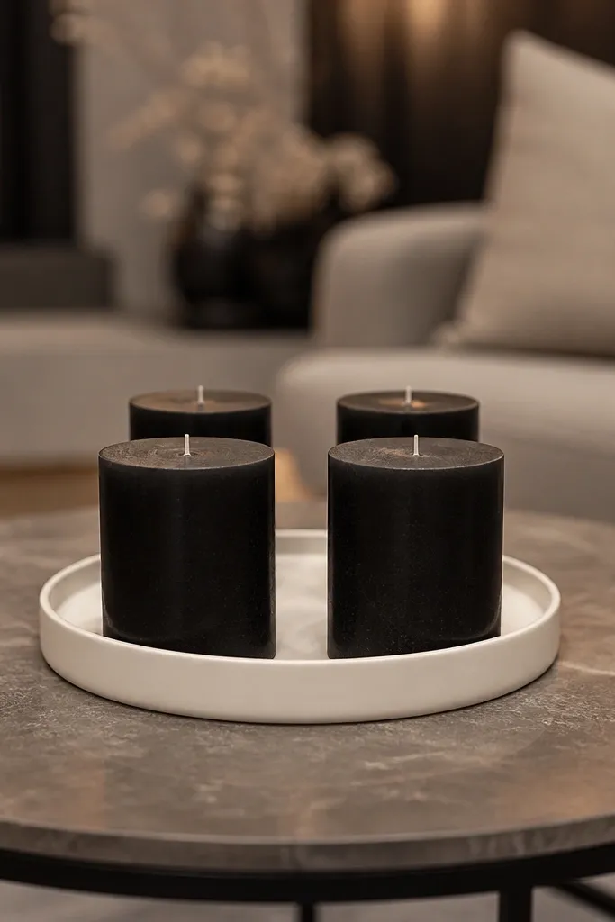Cream tray centered on a round coffee table with four black candles around it