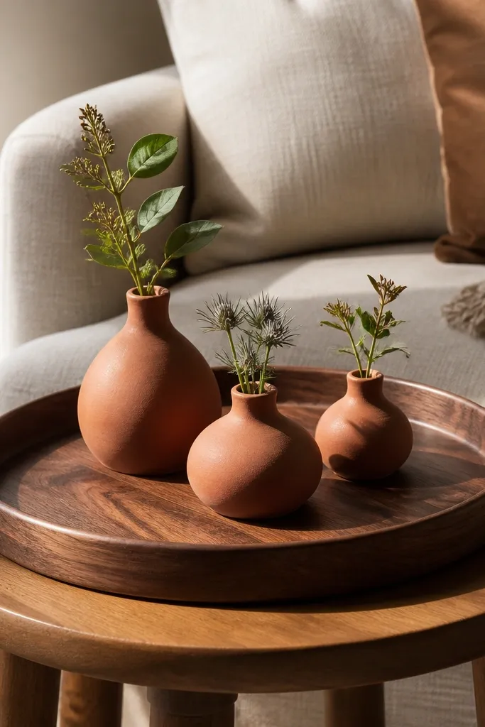 Three small terracotta bud vases on a walnut tray with short stems