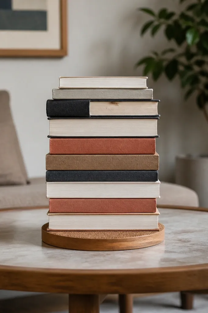 Two stacked books with a round coaster and a small vase on top