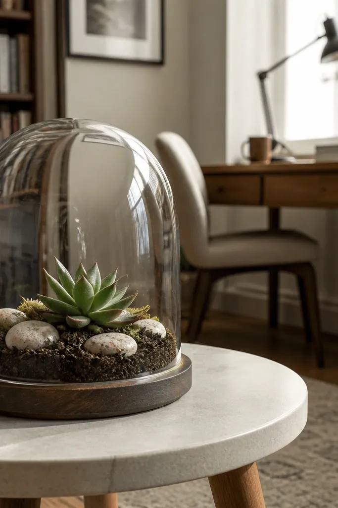 Clear glass dome on a base with moss, tiny plants, and small stones
