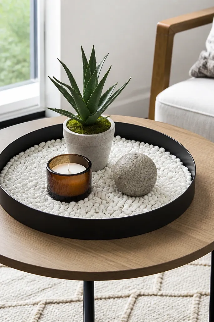 Black ring-shaped tray filled with white pebbles on a round coffee table