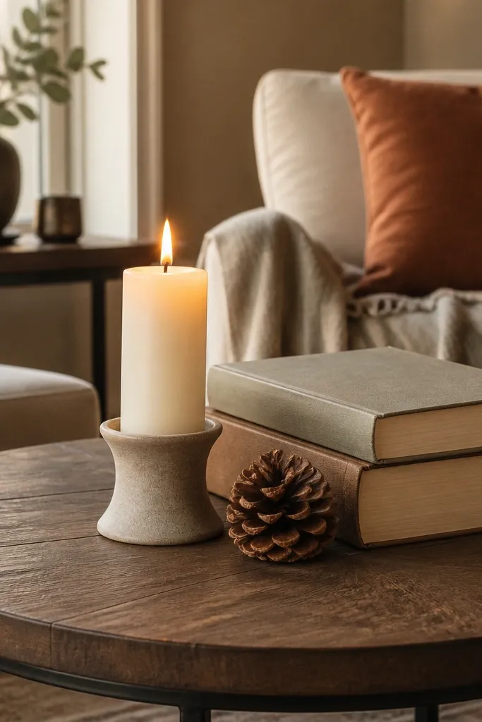 Small candle beside stacked books and a pinecone on a round table